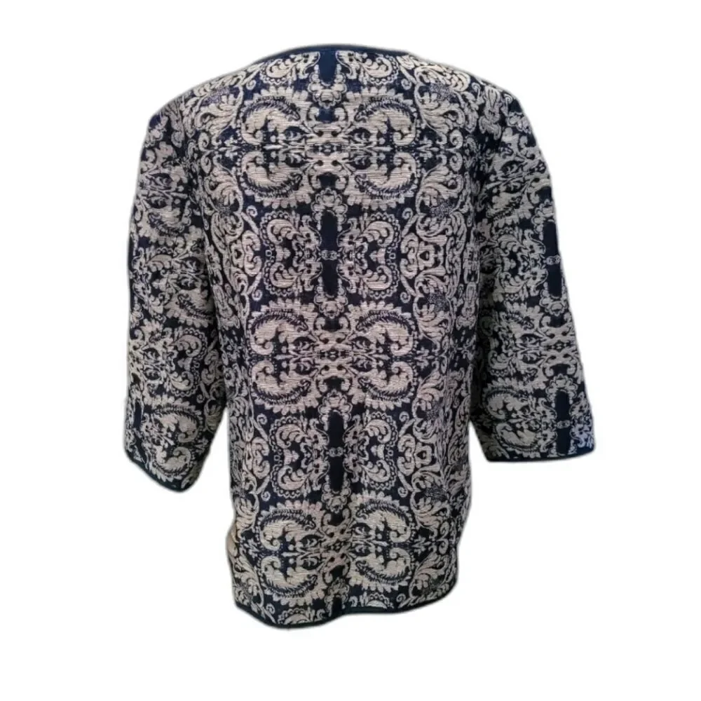 Women's ColdWater Creek Navy Blue Damask Tapestry Open Front Jacket Size 12